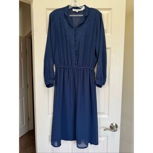 Maurada dress size 14 semi sheer navy blue long sleeve floral embroidery cottage